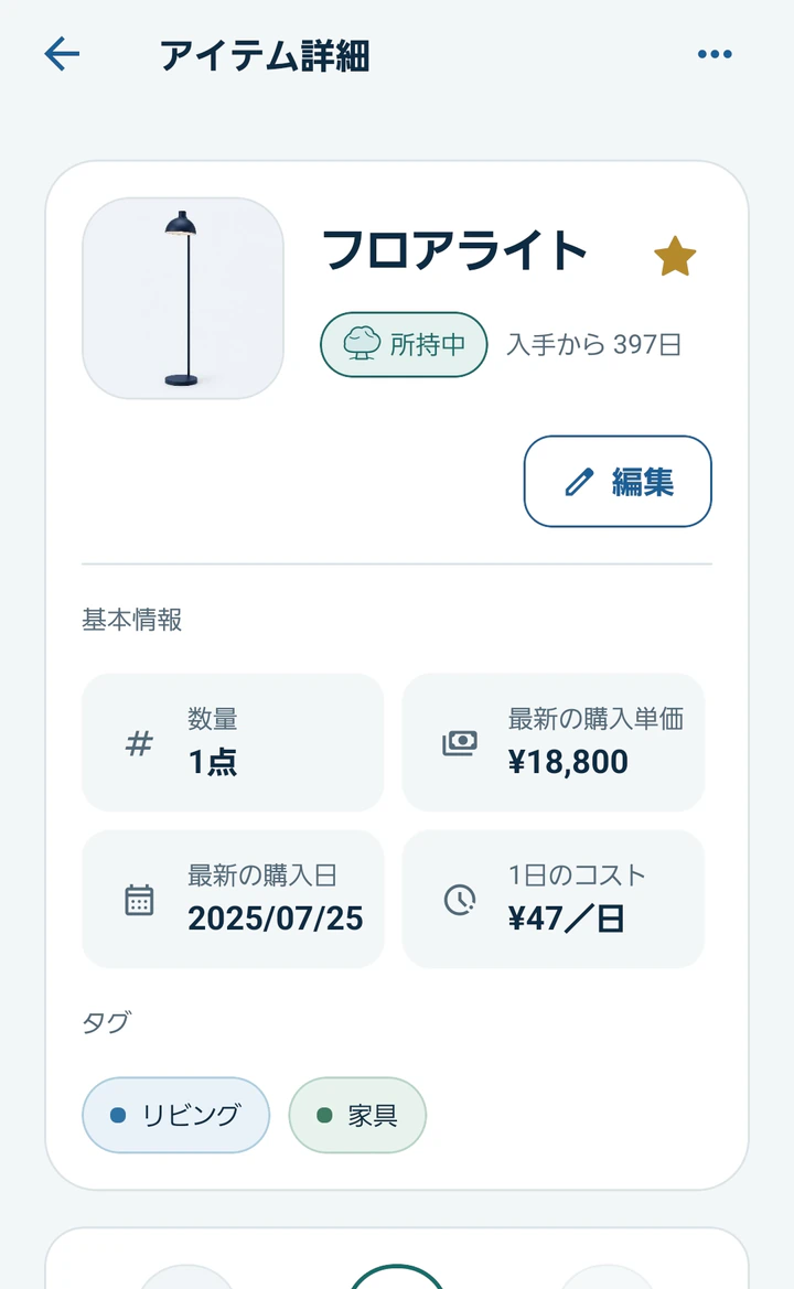フロアライトの写真、購入情報、場所を確認できるMonogooのアイテム詳細画面