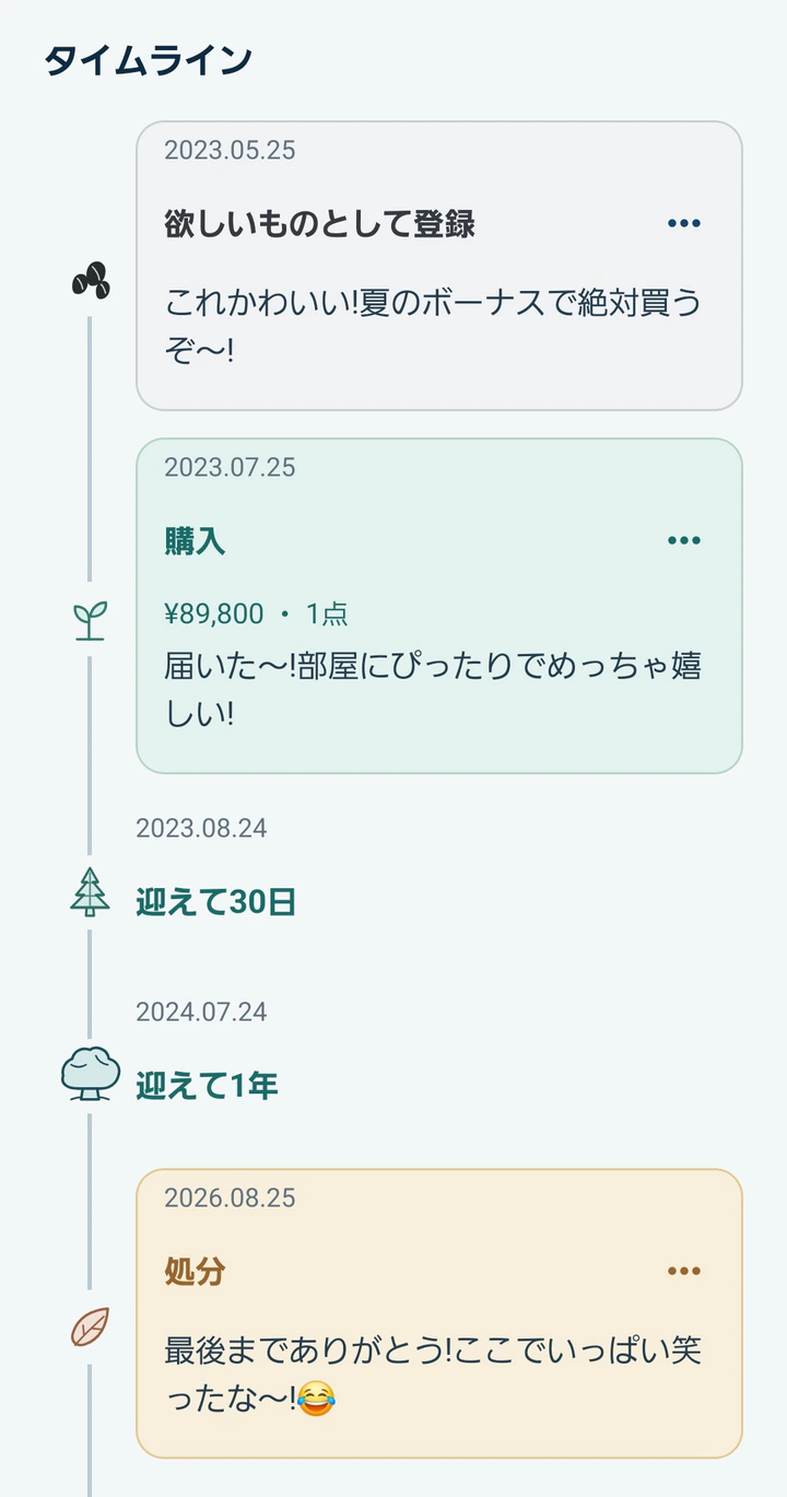 欲しい、購入、節目、お別れまでをひとつの記録として振り返れるMonogooのタイムライン画面